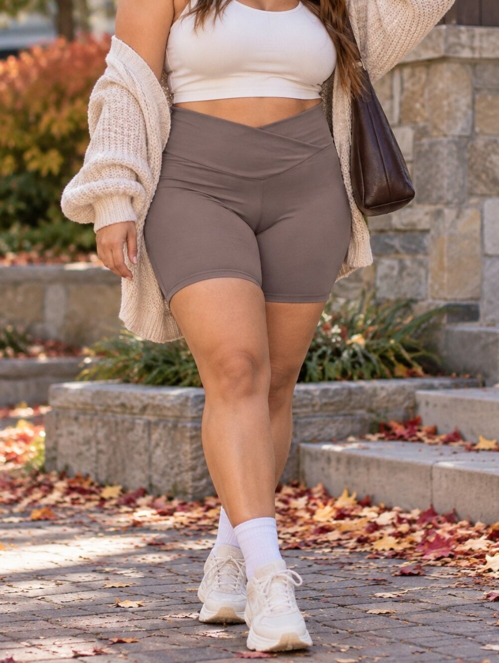 Aerie Taupe Foldover Waist Biker Shorts High Rise Yoga Pilates Athleisure